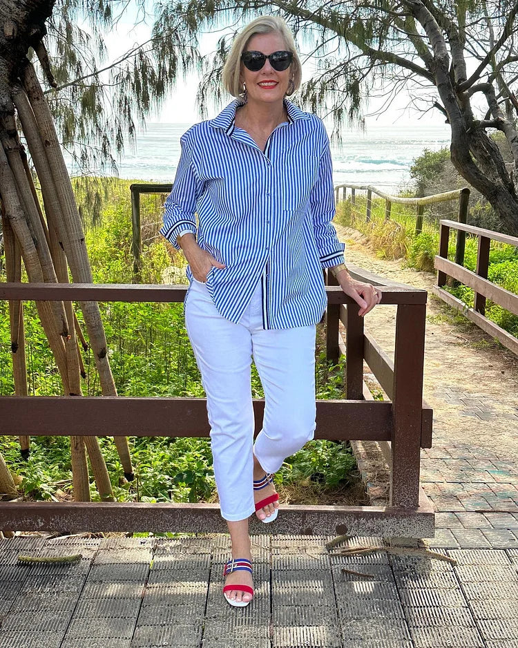 Women's Oversized Striped Button-Down Shirt – Long Sleeve Relaxed Fit Casual Linen Blouse