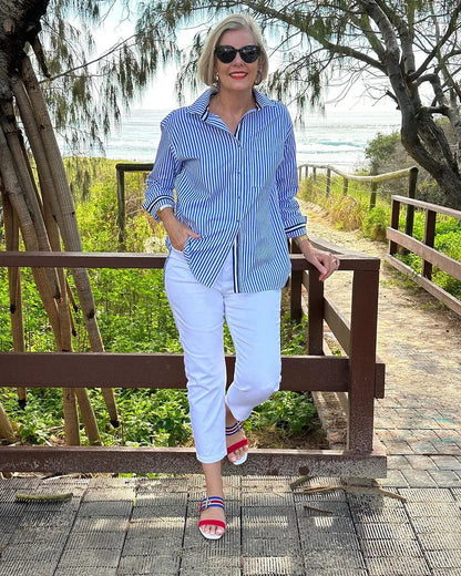 Women's Oversized Striped Button-Down Shirt – Long Sleeve Relaxed Fit Casual Linen Blouse