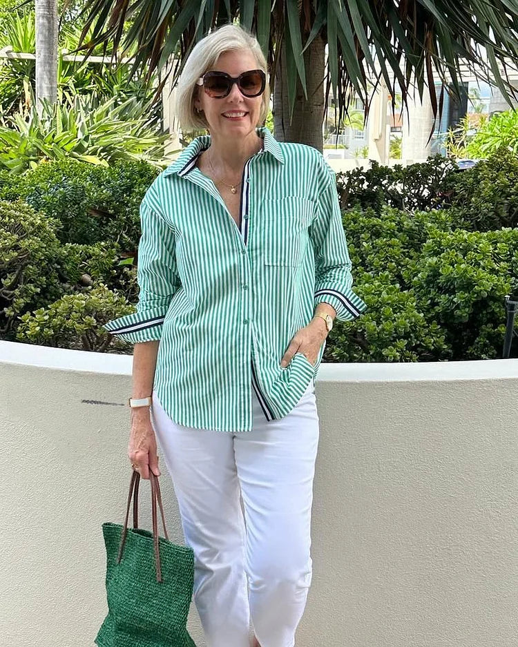 Women's Oversized Striped Button-Down Shirt – Long Sleeve Relaxed Fit Casual Linen Blouse