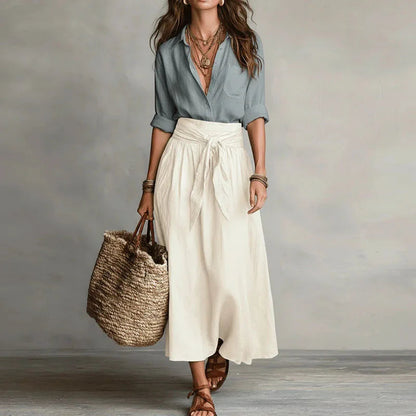 Women's Linen Wide-Leg Midi Skirt Set