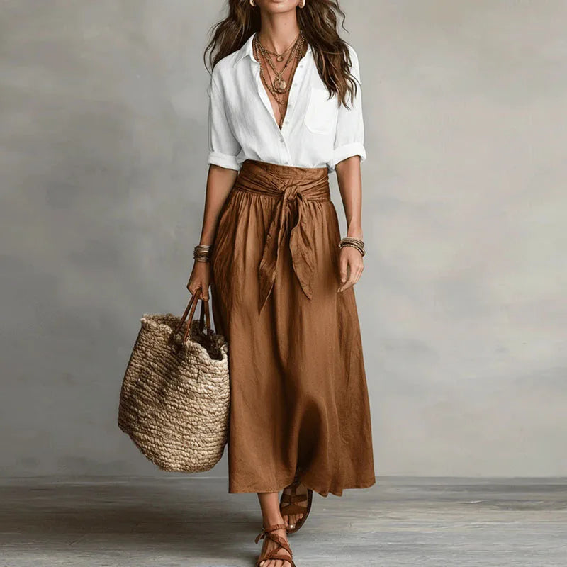 Women's Linen Wide-Leg Midi Skirt Set