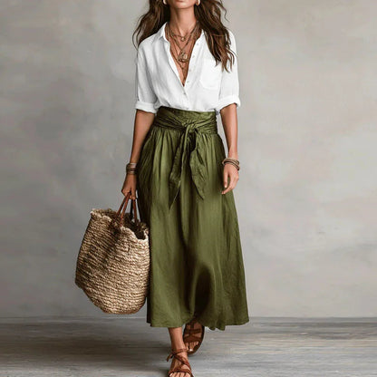 Women's Linen Wide-Leg Midi Skirt Set