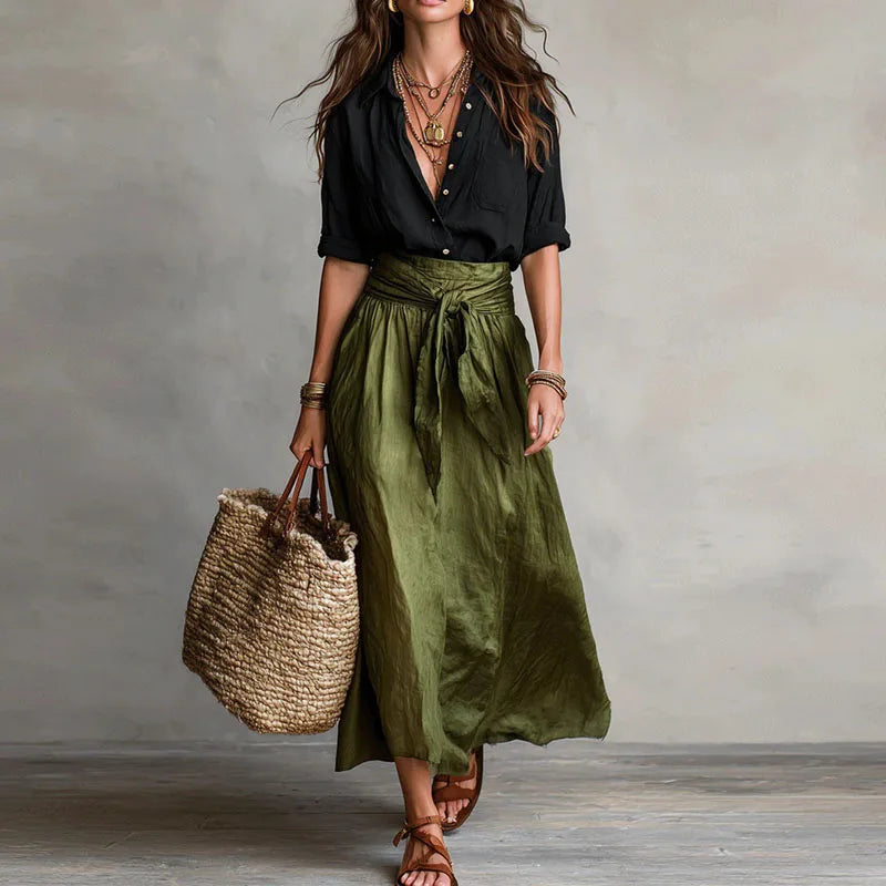 Women's Linen Wide-Leg Midi Skirt Set