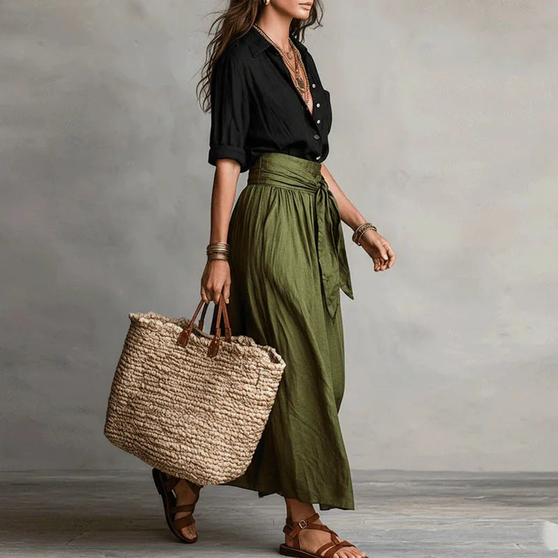 Women's Linen Wide-Leg Midi Skirt Set