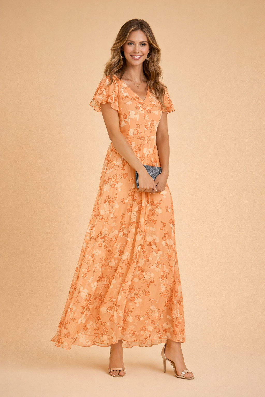 Women's Floral Chiffon Sleeve Maxi Dress Tiered