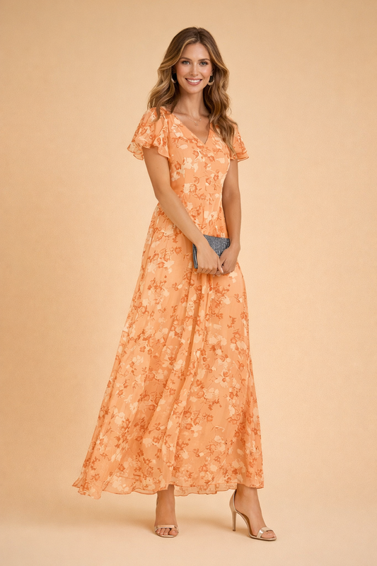 Women's Floral Chiffon Sleeve Maxi Dress Tiered