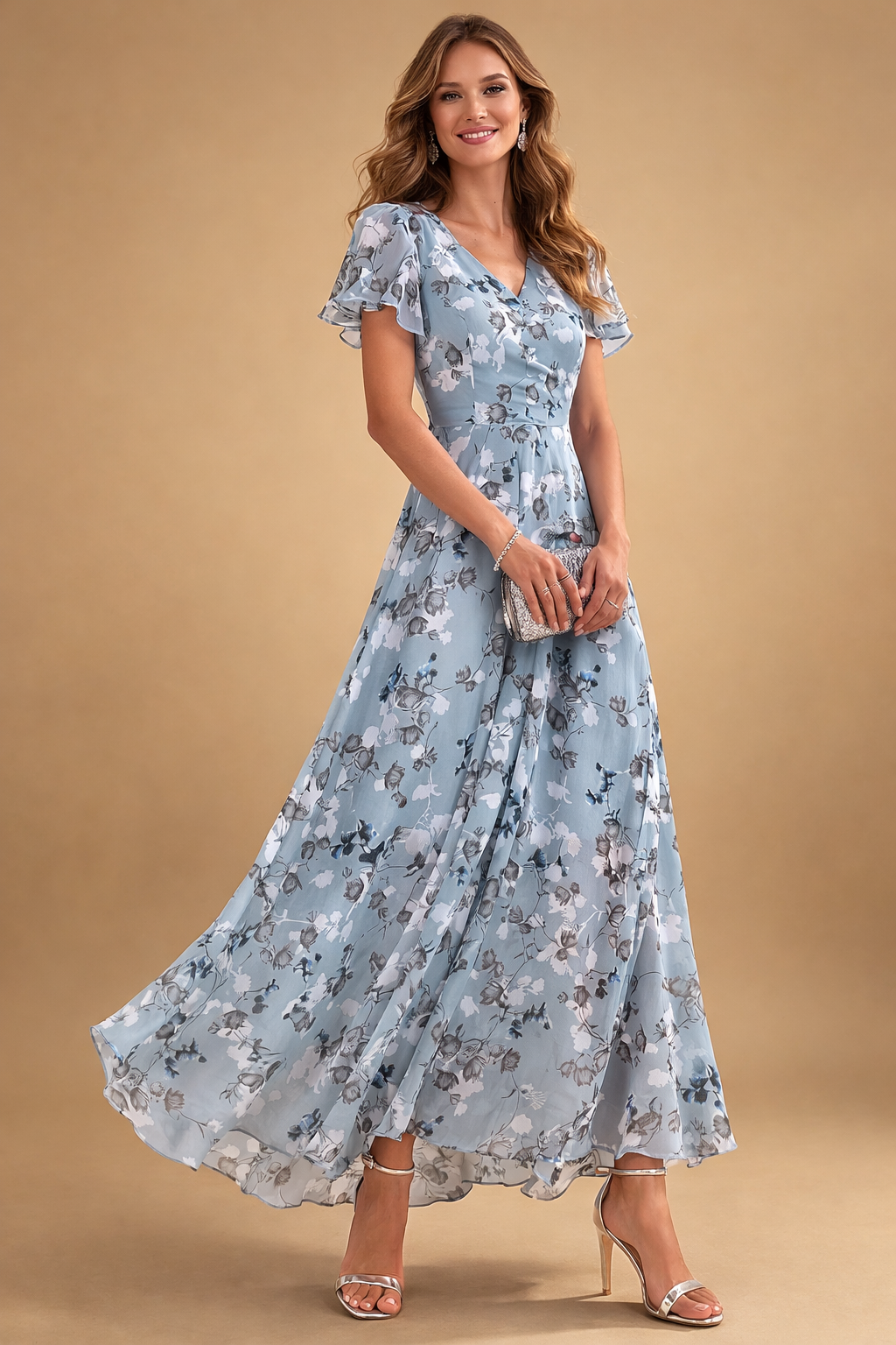 Women's Floral Chiffon Sleeve Maxi Dress Tiered