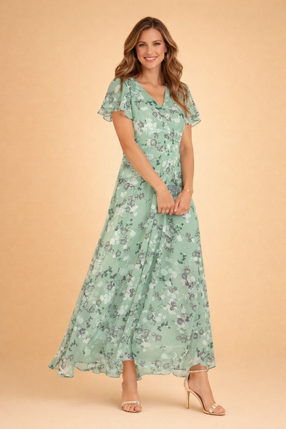 Women's Floral Chiffon Sleeve Maxi Dress Tiered