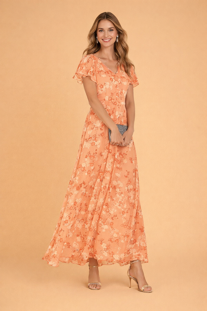 Women's Floral Chiffon Sleeve Maxi Dress Tiered