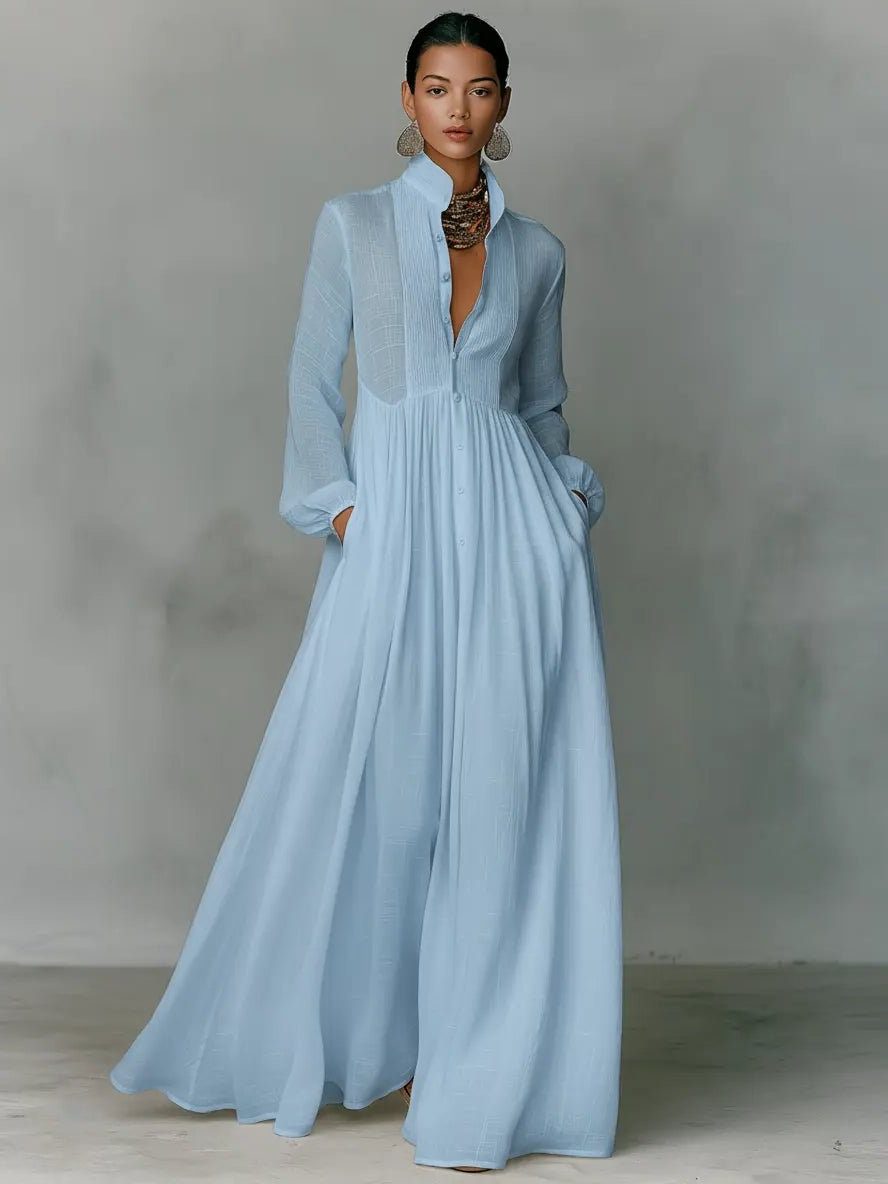 Women's Linen Maxi Shirt Dress Stand Collar