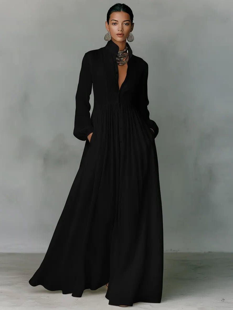 Women's Linen Maxi Shirt Dress Stand Collar