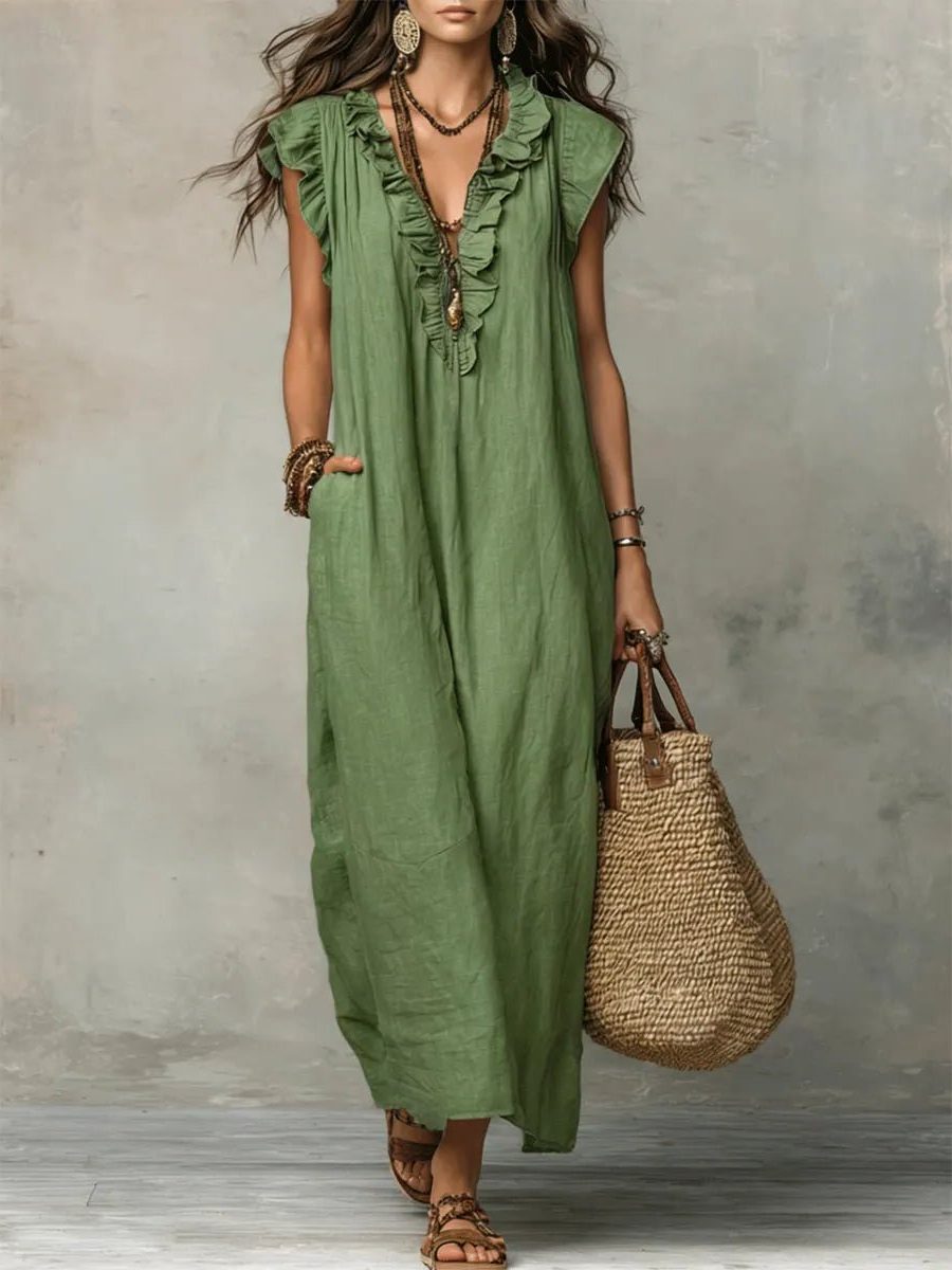 Women's Linen Maxi Dress V-Neck Flutter Sleeve