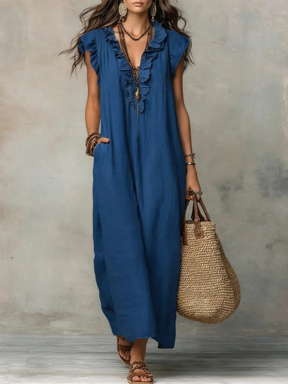Women's Linen Maxi Dress V-Neck Flutter Sleeve