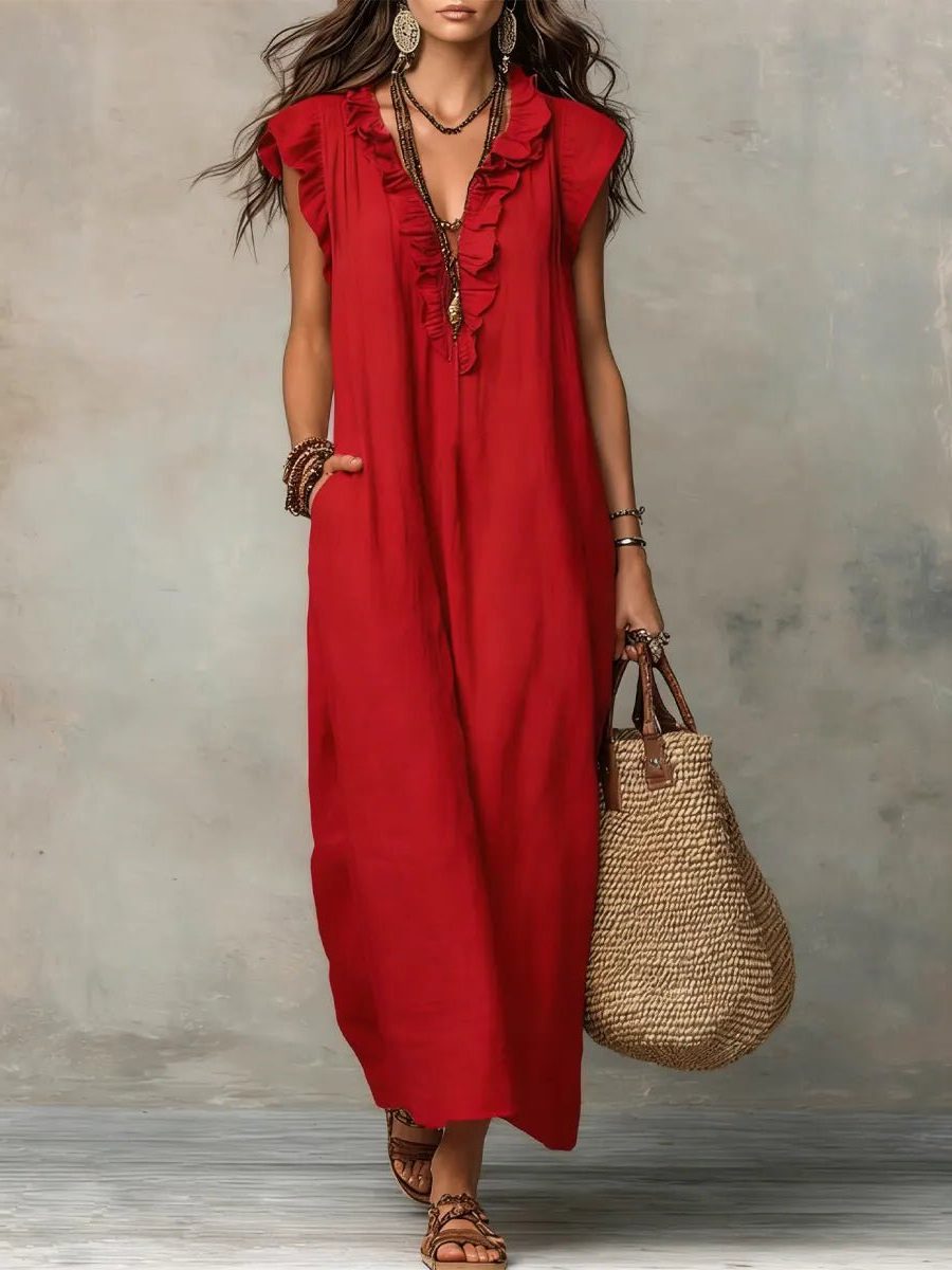 Women's Linen Maxi Dress V-Neck Flutter Sleeve