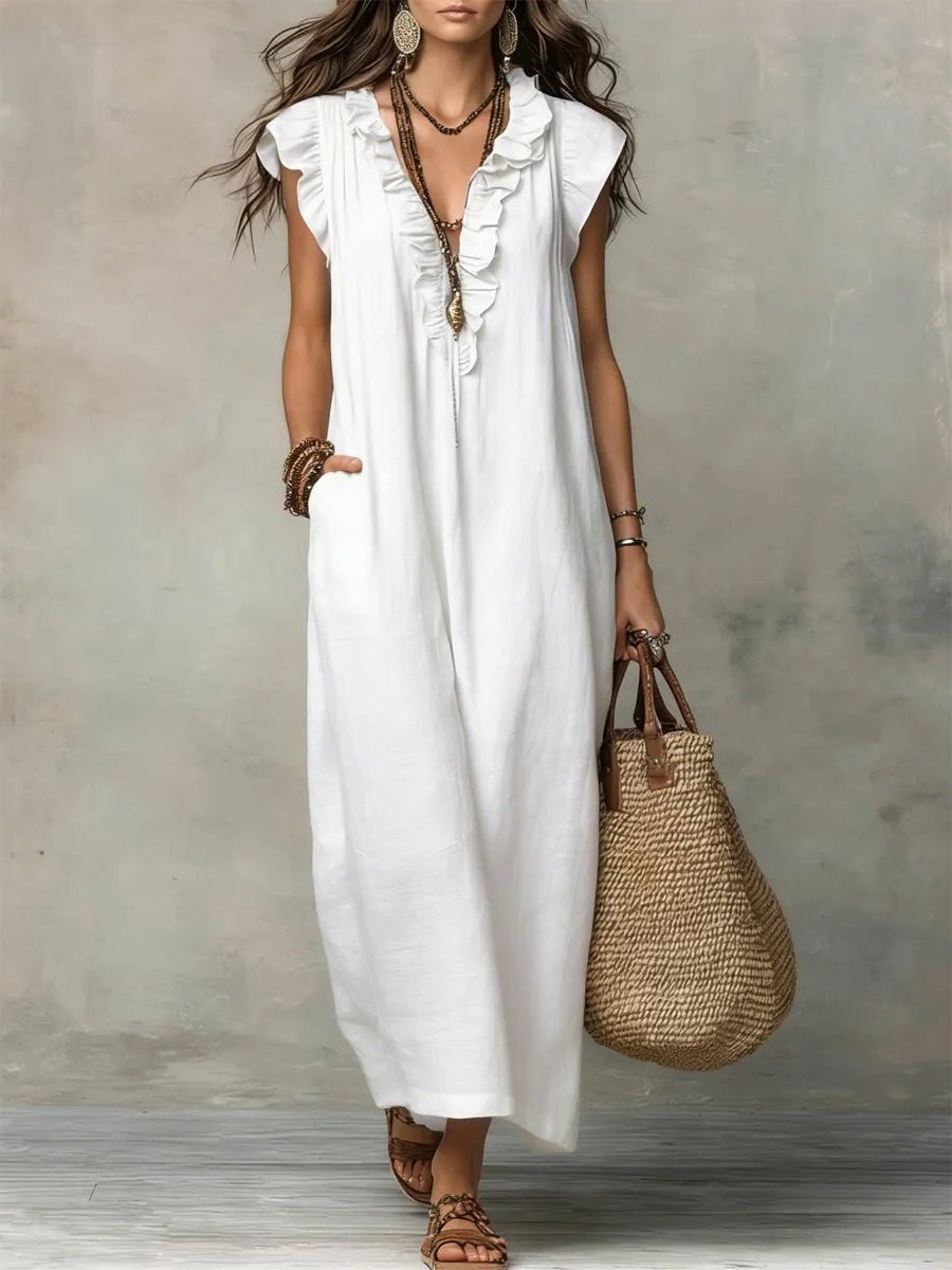 Women's Linen Maxi Dress V-Neck Flutter Sleeve
