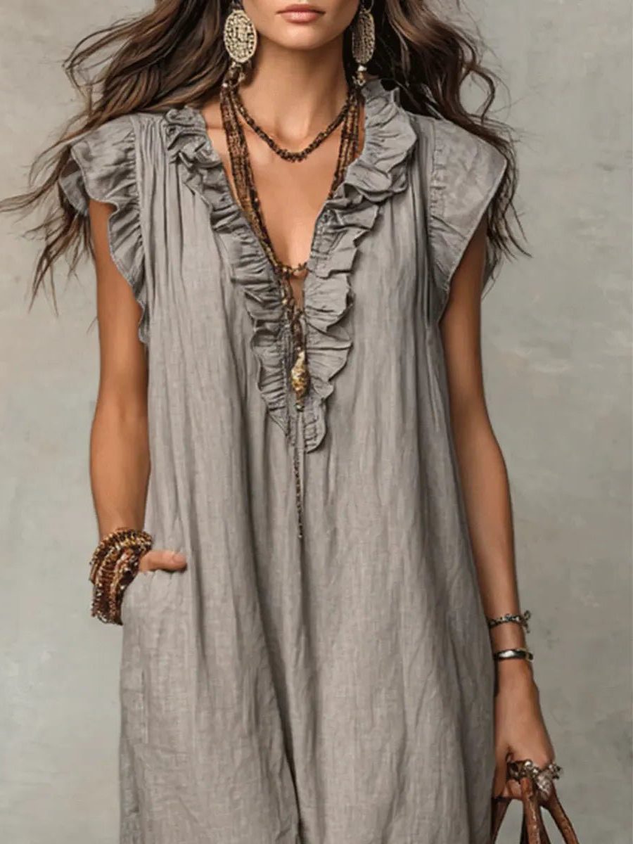 Women's Linen Maxi Dress V-Neck Flutter Sleeve