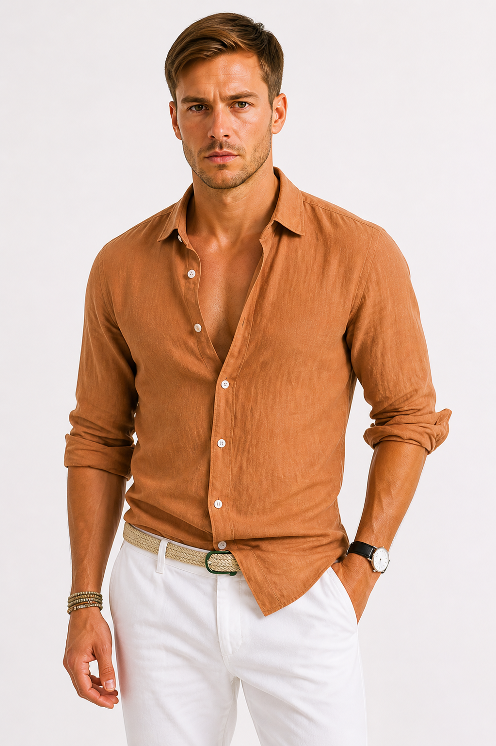 Men's Linen Oxford Shirt Rolled Sleeves
