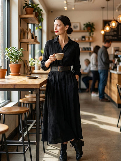 Women's Black Pleated Vintage Maxi Dress – ModClo