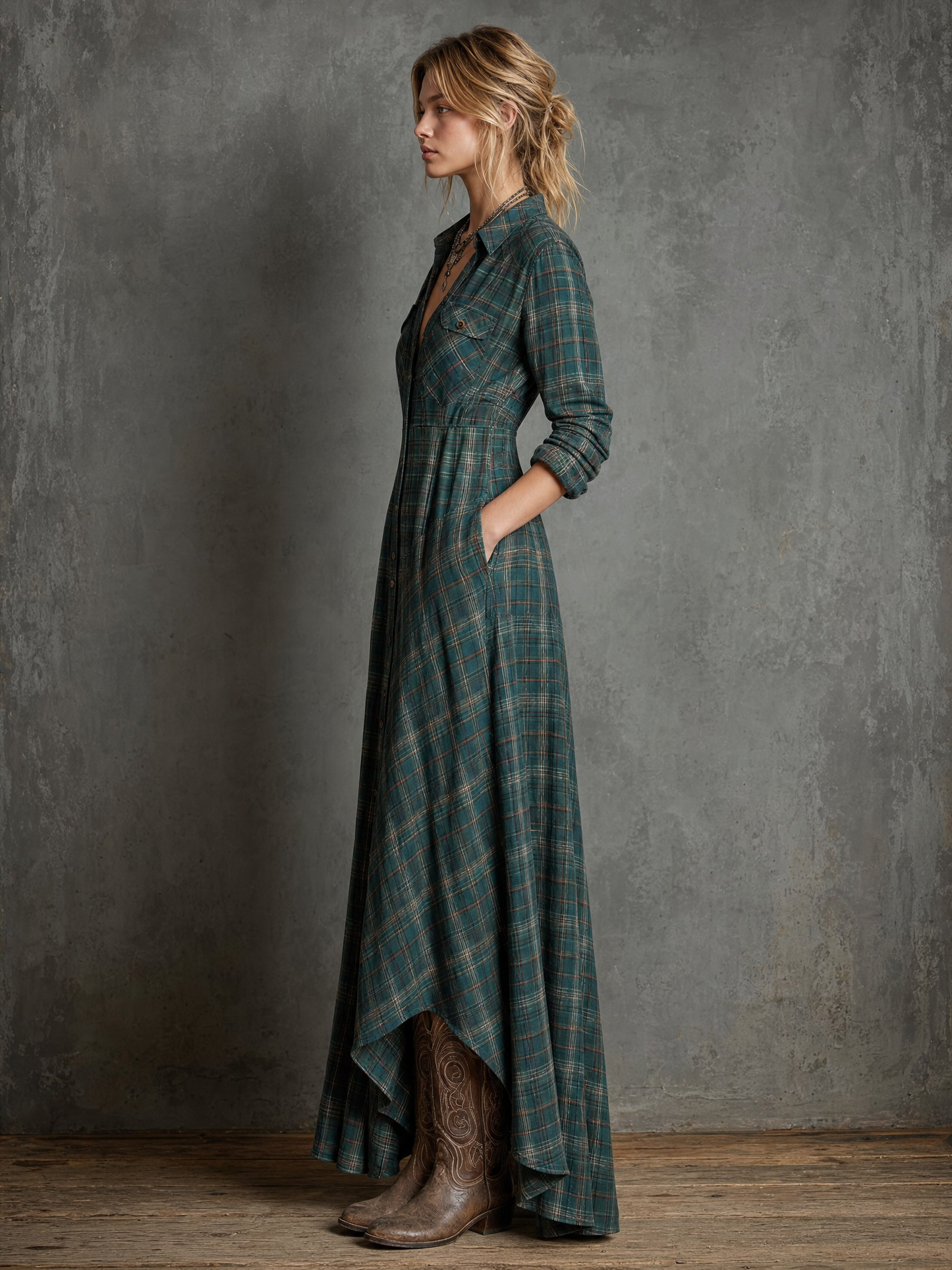 Women's Lapel Plaid Maxi Dress – ModClo