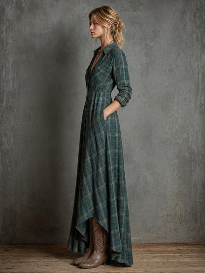 Women's Lapel Plaid Maxi Dress – ModClo