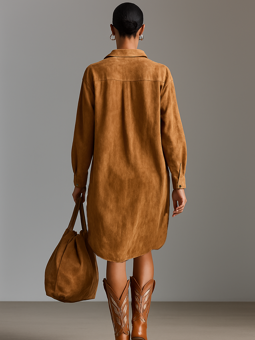 Women's Suede Lapel Embroidered Midi Dress – ModClo