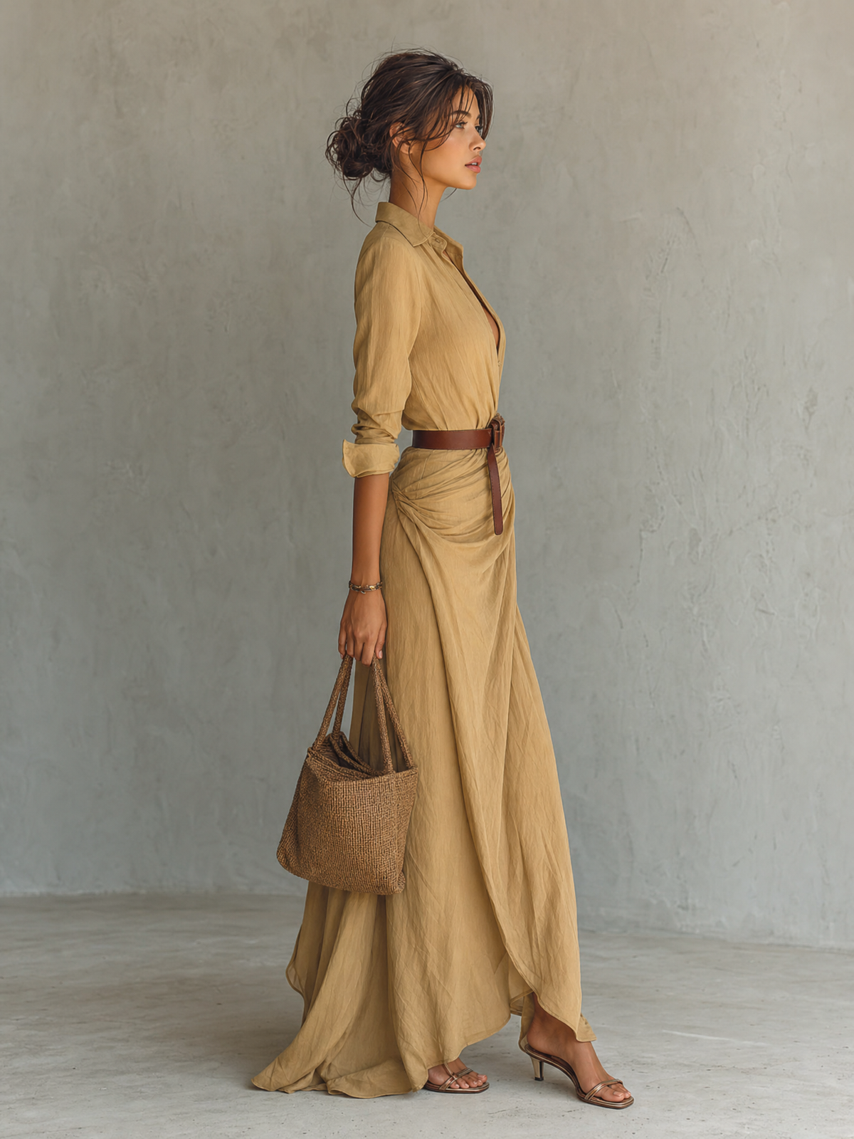 Women's Long Sleeve Belted Lapel Maxi Dress – ModClo