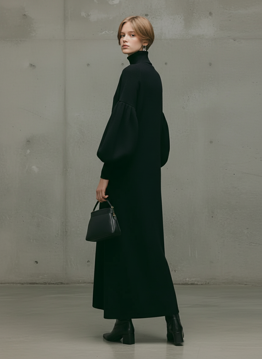 Women's Black Turtleneck Puff Sleeve Maxi Dress – ModClo