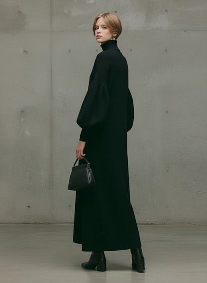 Women's Black Turtleneck Puff Sleeve Maxi Dress – ModClo