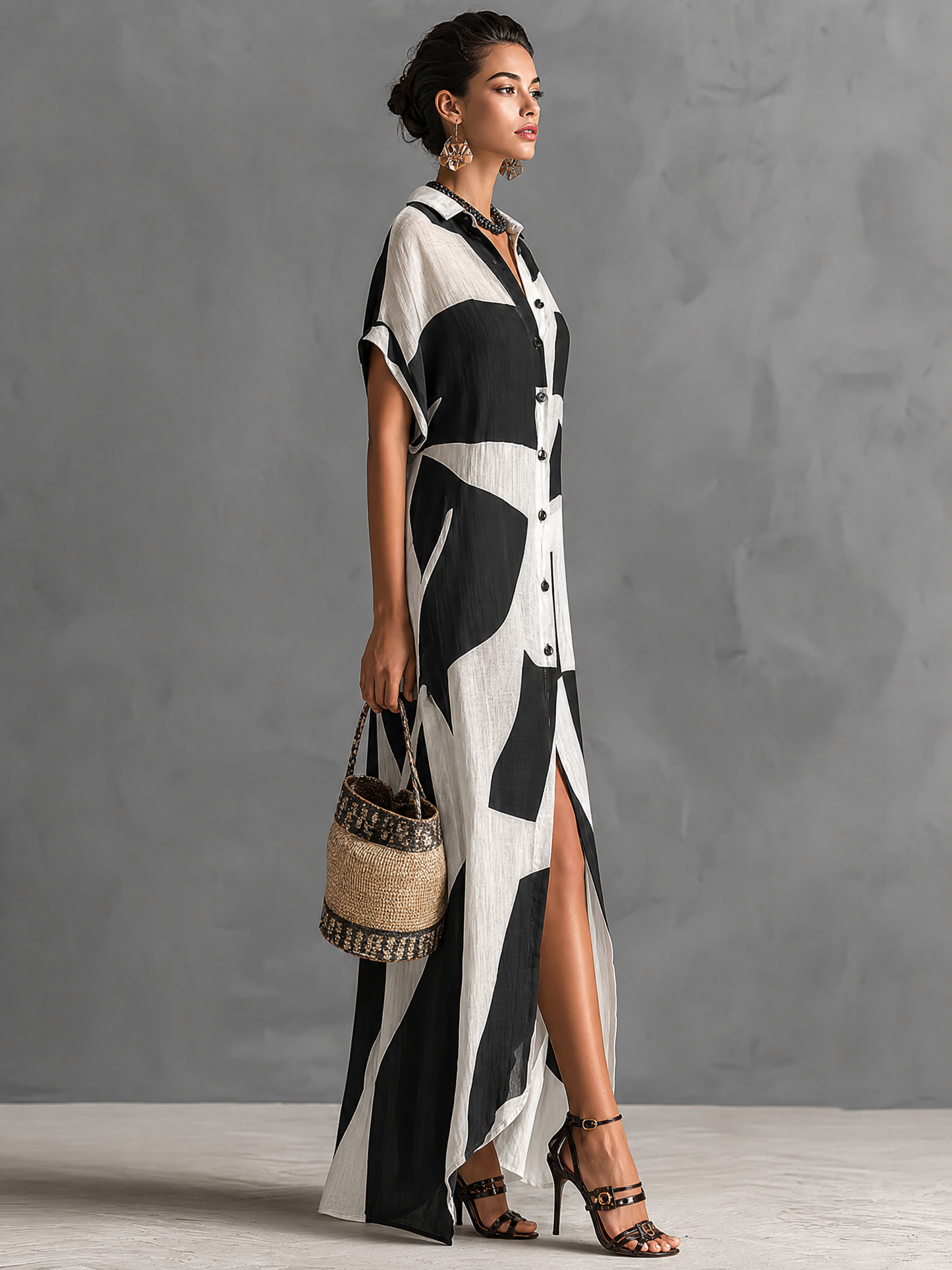 Women's Linen Lapel Print Shirt Dress – ModClo