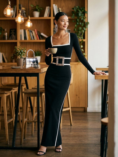 Women's Black Square Neck Long Sleeve Maxi Dress – ModClo