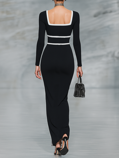 Women's Black Square Neck Long Sleeve Maxi Dress – ModClo