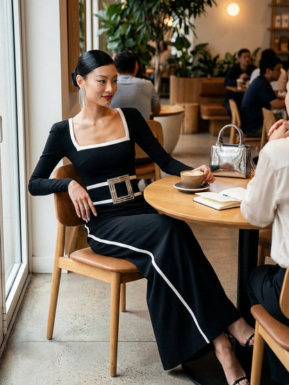 Women's Black Square Neck Long Sleeve Maxi Dress – ModClo