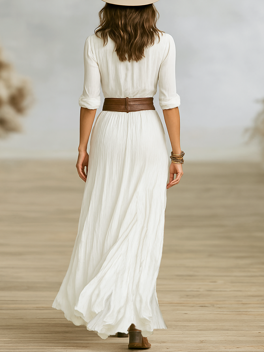 Women's Linen Pleated Lapel Maxi Dress – ModClo