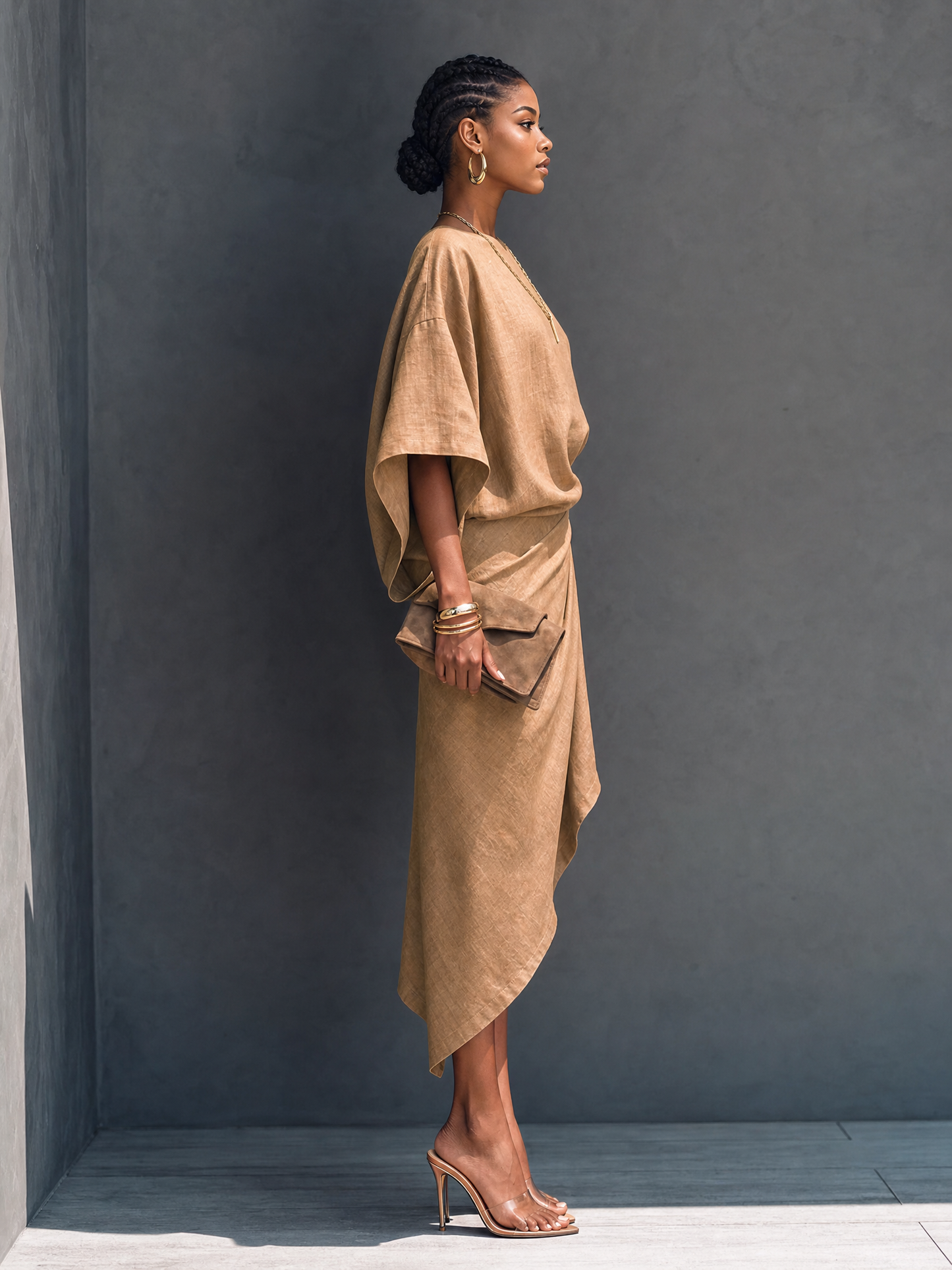 Women's Khaki Linen Short Sleeve Asymmetric Midi Dress – ModClo
