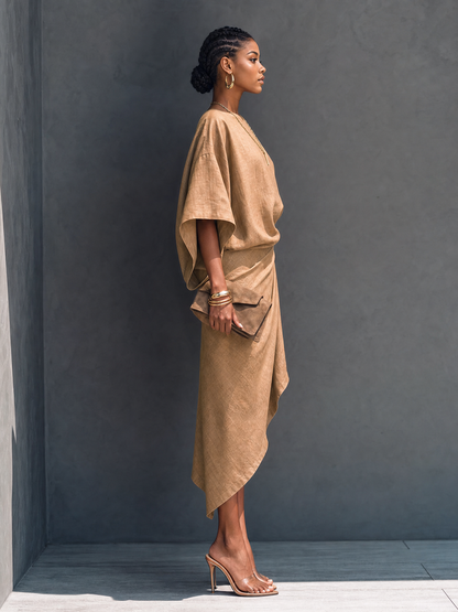 Women's Khaki Linen Short Sleeve Asymmetric Midi Dress – ModClo