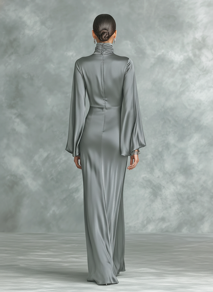 Women's Grey Satin High Neck Maxi Dress – ModClo