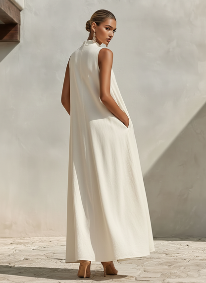 Women's Cream Linen Sleeveless Stand Collar Maxi Dress – ModClo
