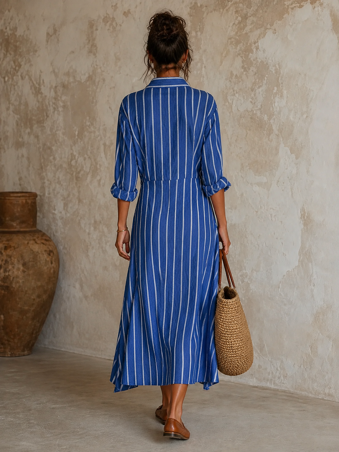 Women's Long Sleeve Asymmetric Striped Midi Dress – ModClo