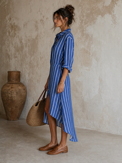 Women's Long Sleeve Asymmetric Striped Midi Dress – ModClo
