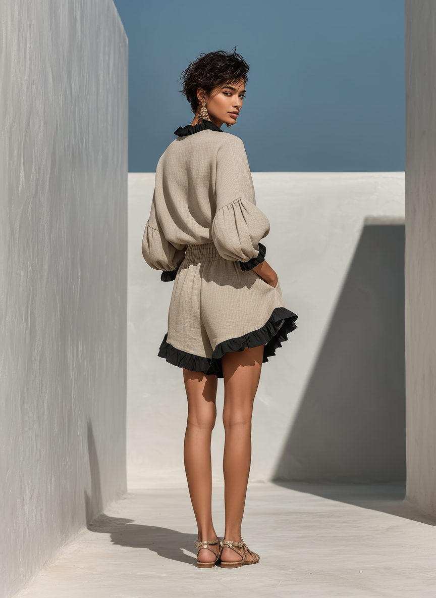 Women's Beige Linen Long Sleeve Two-Piece Set – ModClo