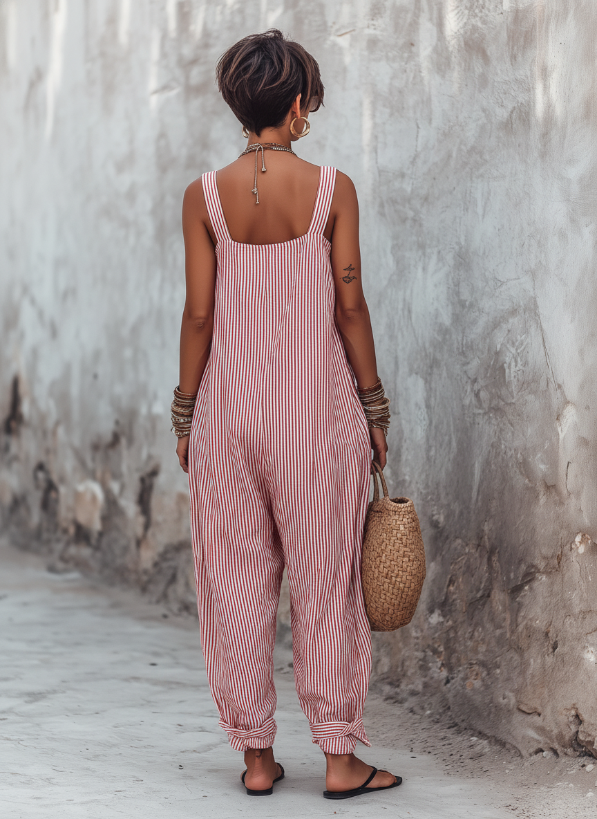 Women's Square Neck Sleeveless Striped Jumpsuit – ModClo