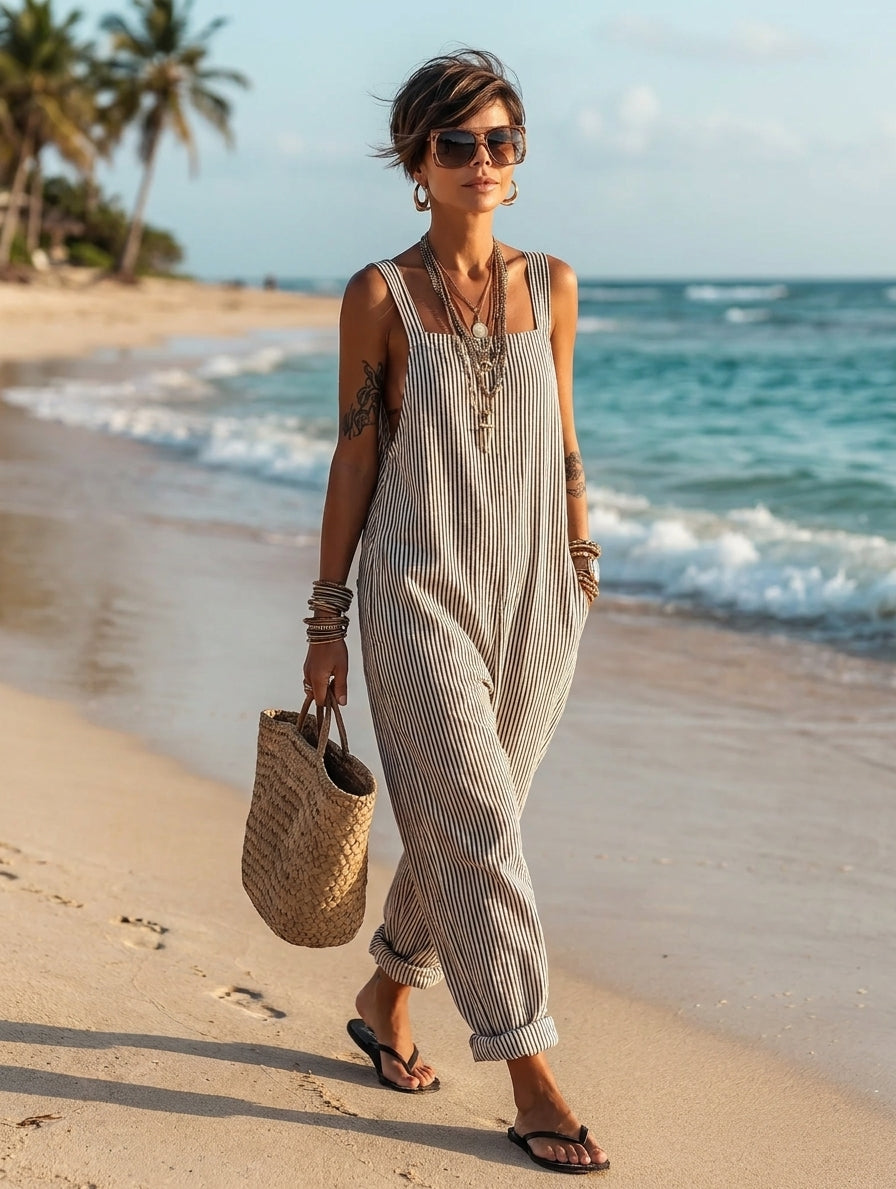 Women's Square Neck Sleeveless Striped Jumpsuit – ModClo