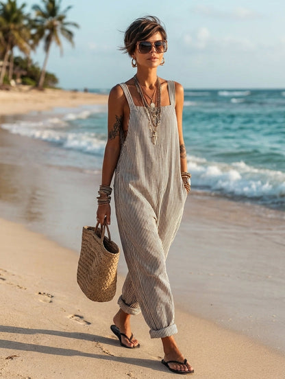Women's Square Neck Sleeveless Striped Jumpsuit – ModClo