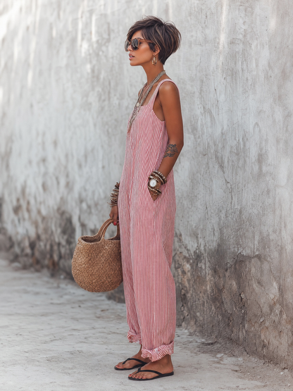 Women's Square Neck Sleeveless Striped Jumpsuit – ModClo
