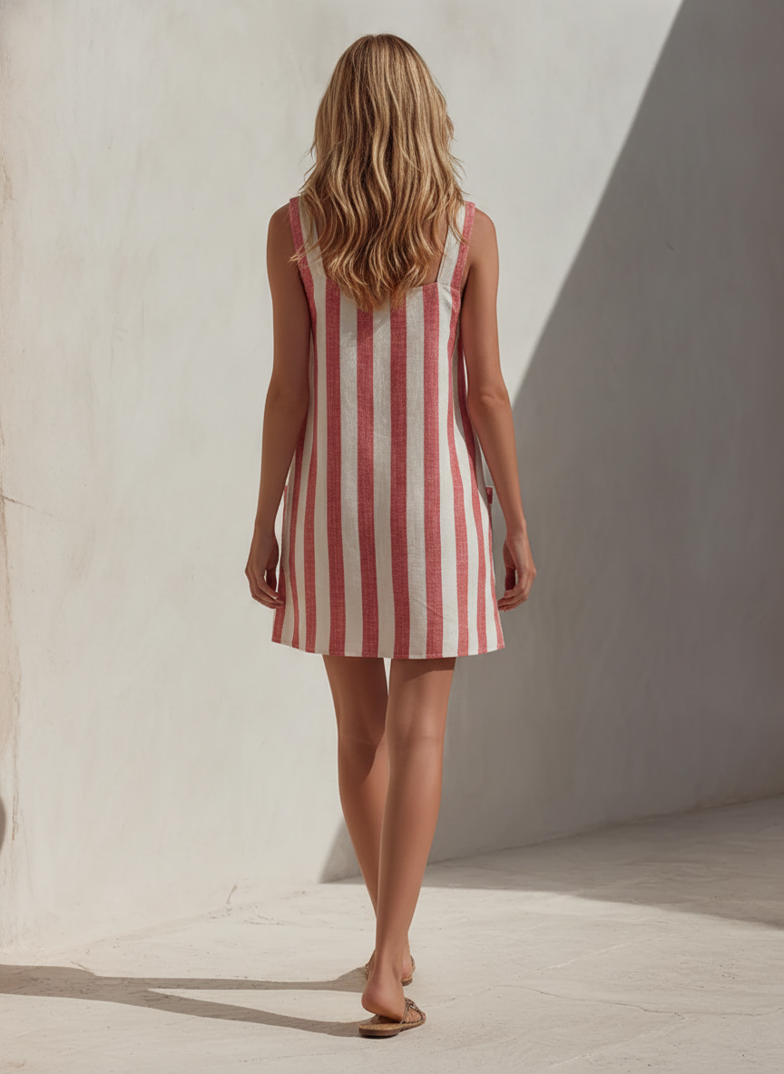 Women's White Linen Square Neck Striped Mini Dress – ModClo