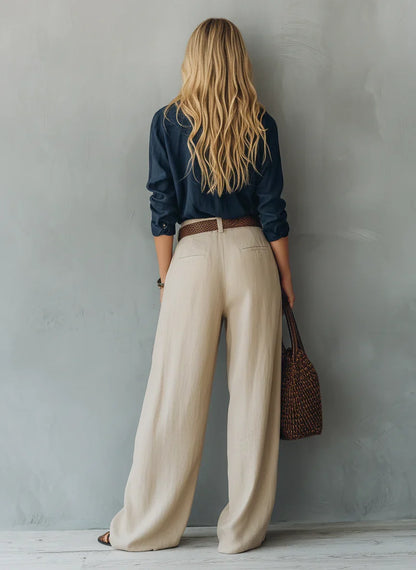 Women's Navy Linen Long Sleeve Shirt – ModClo