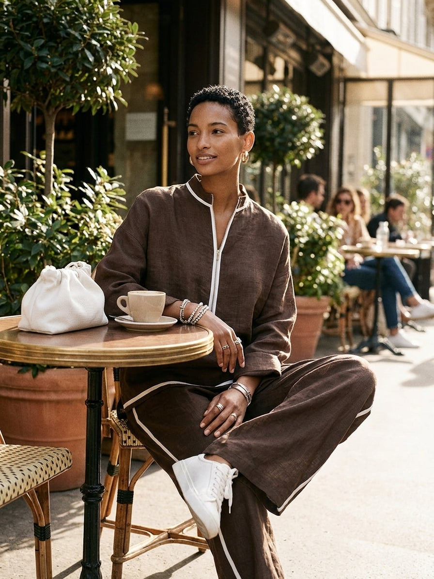 Women's Blue Linen Oversized Stand Collar Trouser Set – ModClo