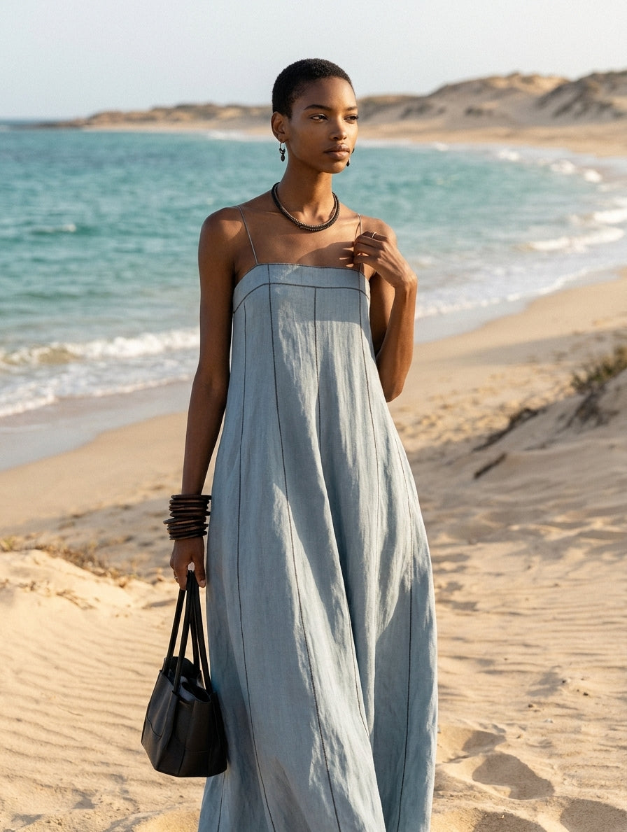 Women's Blue Linen Sleeveless Maxi Dress – ModClo
