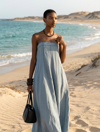 Women's Blue Linen Sleeveless Maxi Dress – ModClo