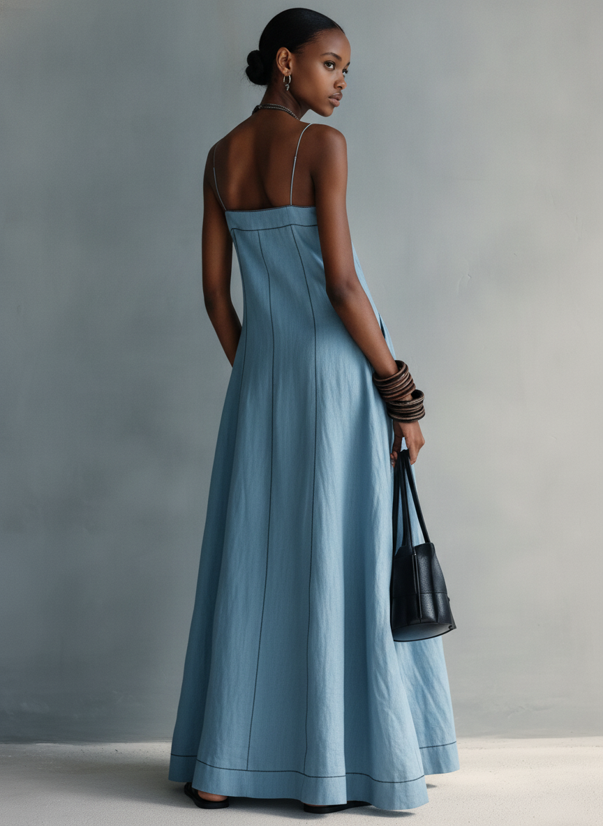 Women's Blue Linen Sleeveless Maxi Dress – ModClo